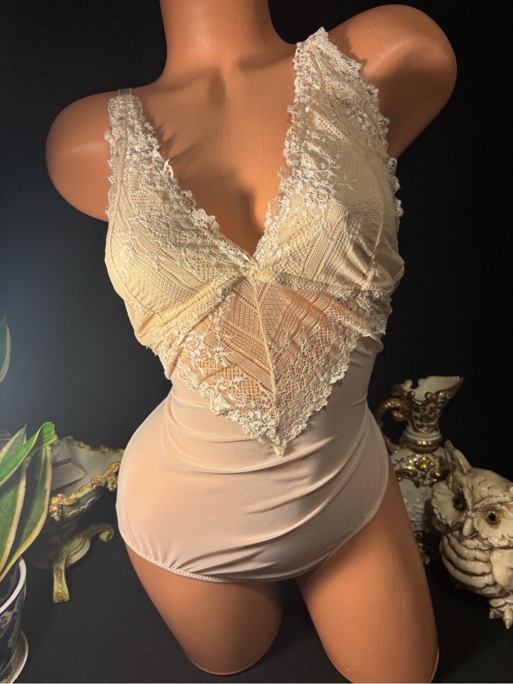 Flora Nikrooz Cream Lace V-Neck Chemise Bodysuit